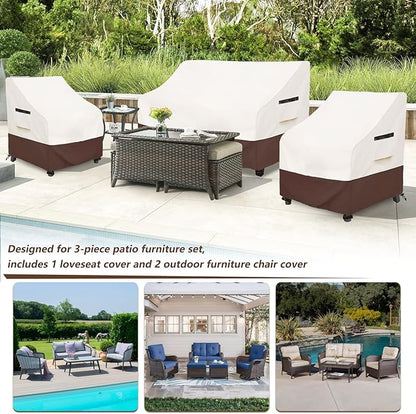 Patio Furniture Covers,3 Piece Heavy Duty Waterproof Outdoor Furniture Cover,Outdoor Furniture Covers for Patio Furniture,Includes 2 Patio chair covers 30in and 1 Patio loveseat cover 58in,Beige