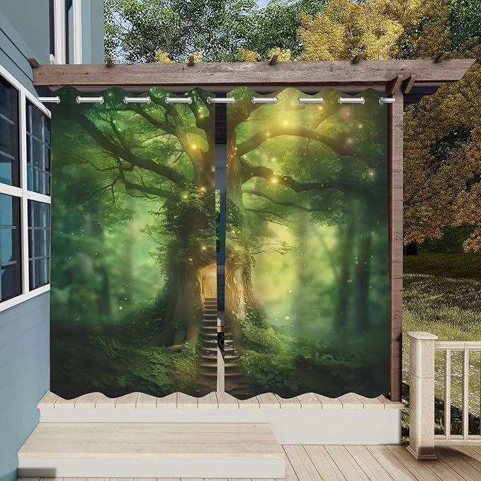 Fantasy Theme Waterproof Indoor/Outdoor Curtains,Forest Pattern,Light Filtering Curtains Outside Curtains for Porch, Gazebo, Pergola, Backyard,2 Panel,42 x 63 inch,Green