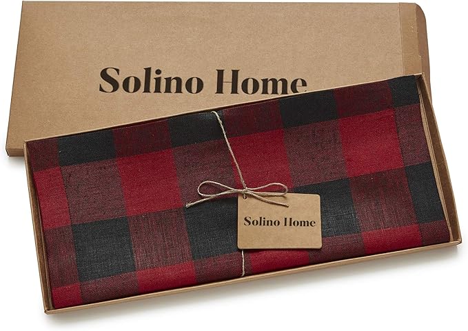 Solino Home Linen Checkered Table Runner 60 Inches - 100% Pure Linen Buffalo Check Red and Black Table Runner 14 x 60 Inch Ideal for Dresser and Coffee Tables - Winter