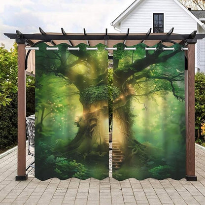 Fantasy Theme Waterproof Outdoor Curtains for Patio,Forest Pattern,Privacy Weatherproof Grommet Outside Curtains for Porch, Pergola, Cabana,2 Panels,W36 x L84,Green