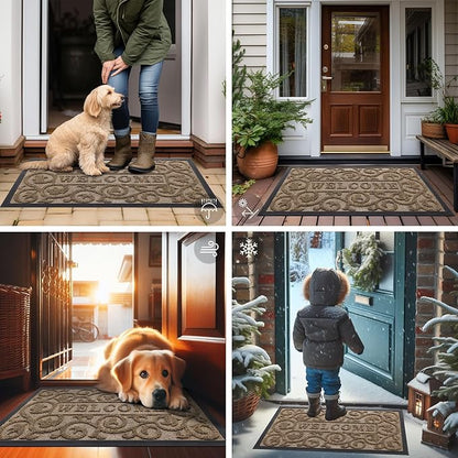 Smiry Welcome Door Mat Outside Entrance, Heavy Duty Trap Dirt and Moisture Easy Clean Low Profile Patio Porch Indoor Outdoor Front Doormat for Entry, 36x24 Inch, Brown