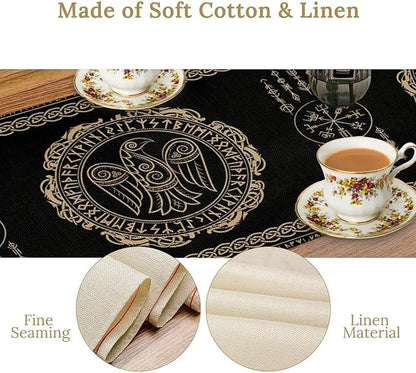 Nordic Vikings Table Runner, Viking Raven Rune Mythology Aesthetic Table Runner for Outdoor Kitchen Dining Home Party 13x60in