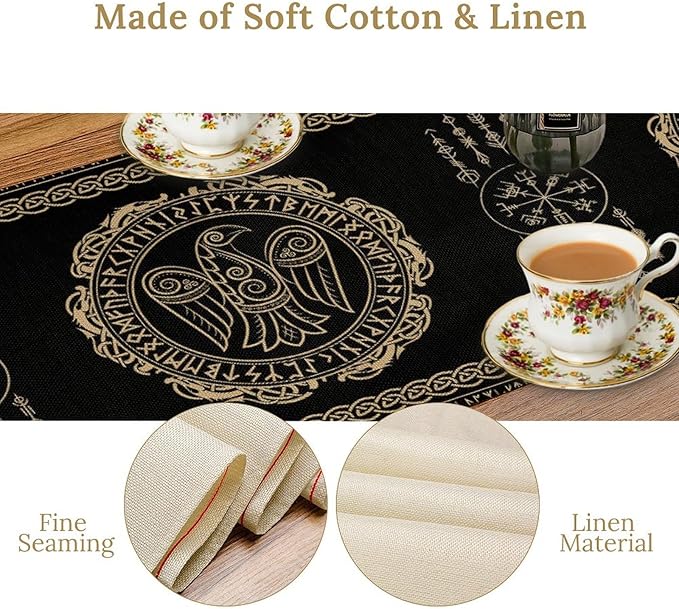 Nordic Vikings Table Runner, Viking Raven Rune Mythology Aesthetic Table Runner for Outdoor Kitchen Dining Home Party 13x120in