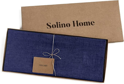 Solino Home Linen Chambray Navy Table Runner 132 Inches Long - Athena, 100% Pure Linen Dining Table Runner 14 x 132 Inch for Winter, Spring