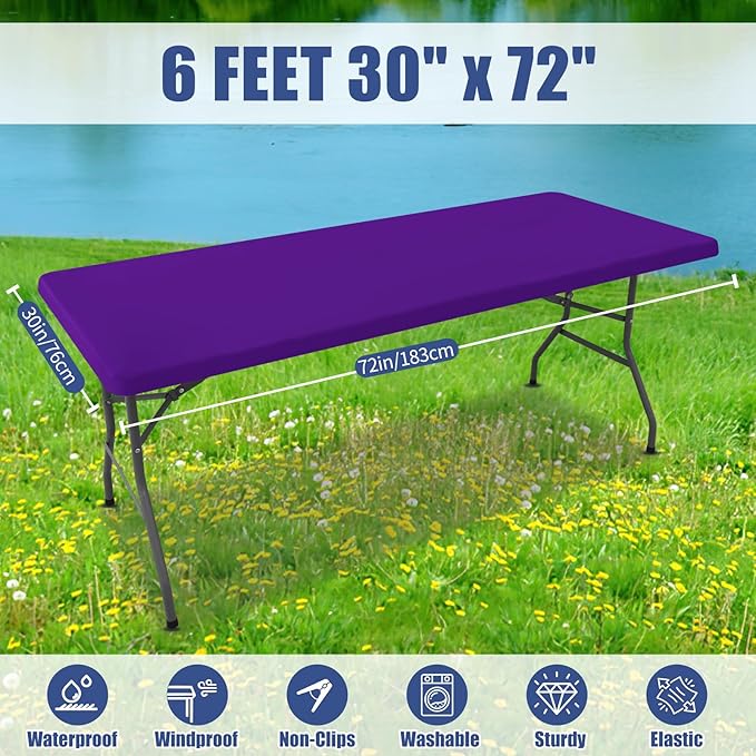 Spandex 6 Foot Rectangle Table Cloth 6 Pack, Elastic Fitted Tablecloths for Picnic, Stretch Washable Patio Table Cover for Outdoor, Camping, Banquet and Parties (Purple, 30"x72")