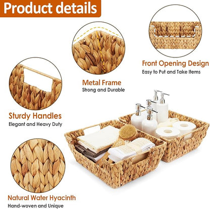 Wicker Baskets 2 Pack, Water Hyacinth Wicker Storage Basket with Handles, Pantry Baskets Organization and Storage, Handmade Large Wickers Baskets for Organizing, Natural