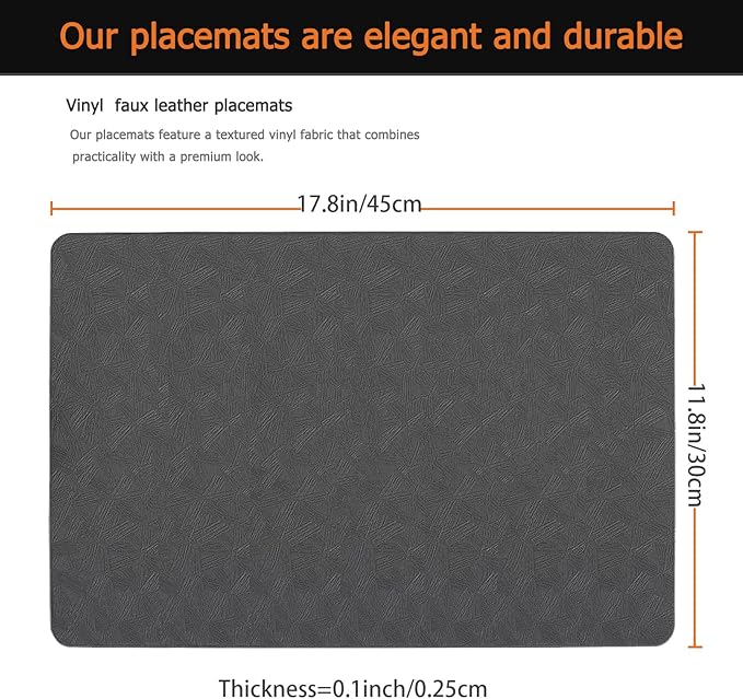 Vinyl Placemats Set of 8 Faux Leather 100% Waterproof Wipeable Washable Place Mats Heat Resistant Easy Clean Non-Slip Table Mats for Indoor Outdoor. (8,Gray)