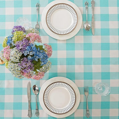 Cupuamon 2 Pack Waterproof Polyester Fabic Rectangle Checkered Tablecloth，60x102 Outdoor Table Cloth，Oil Stain Prevention Table Cloth for Pinics and Parties（Aqua and White）