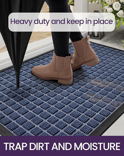 DEXI Front Door Mat Outside Entrance, 2x3 ft Rubber Entry Doormat Heavy Duty, Welcome Mats Non Slip for Inside House Floor Entryway Double Doors Exterior Patio, Checkered Blue