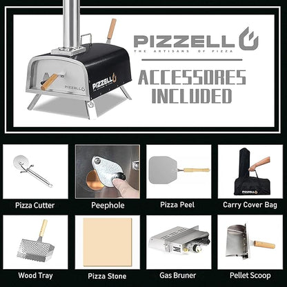 PIZZELLO 12" Outdoor Pizza Oven Propane and Wood Fired Pizza Maker Multi-Fuel Pizza Ovens with Gas Burner, Wood Tray, Stone, Pizza Peel, Cover, Forte Gas (Black)