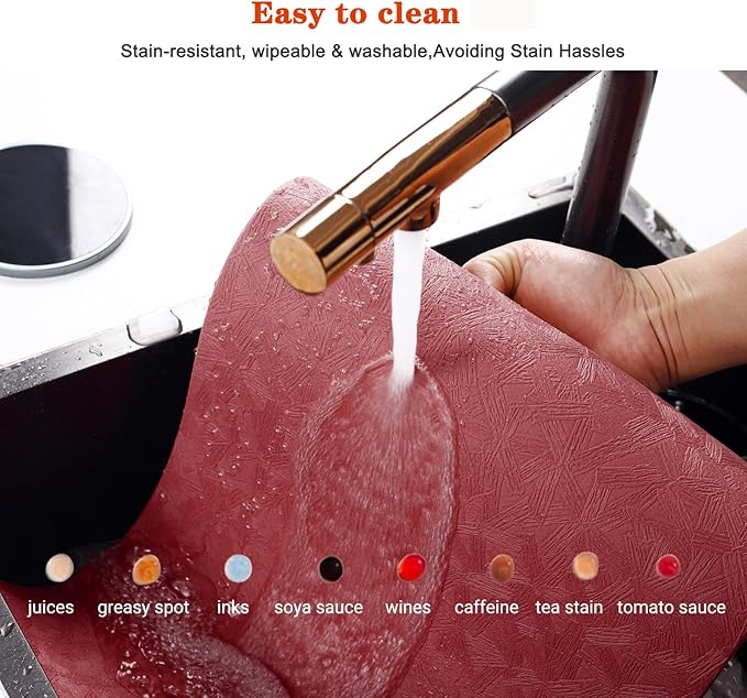 Vinyl Placemats Set of 6 Heat Resistant Easy Clean Non-Slip Place Mats for Dining Table. Faux Leather Waterproof Stain Resistant Wipeable Washable PU Table Mats(6, Red)