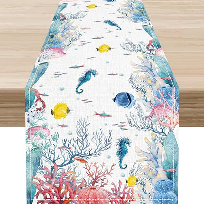 Nautical Table Runner, Summer Coastal Starfish Seahorse Seashells Coral Tropical Ocean Beach Colorful Farmhouse Coffee Table Center Decor for Home Kitchen Dining Patio Indoor Outdoor, 13"x72" Inch