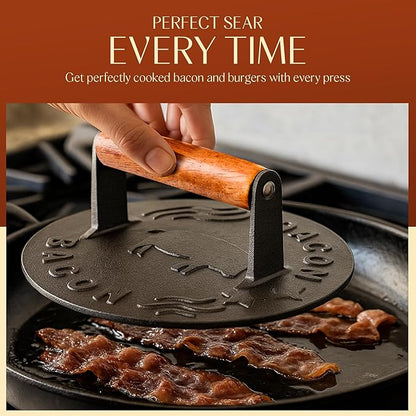 Heavy-Duty Cast Iron Burger Press 8.5 Inch Round Burger Smasher, Grill Press for Cooking Burgers, Bacon, Sandwiches, Steak, Ground Beef, Meats, Sausages, and So On