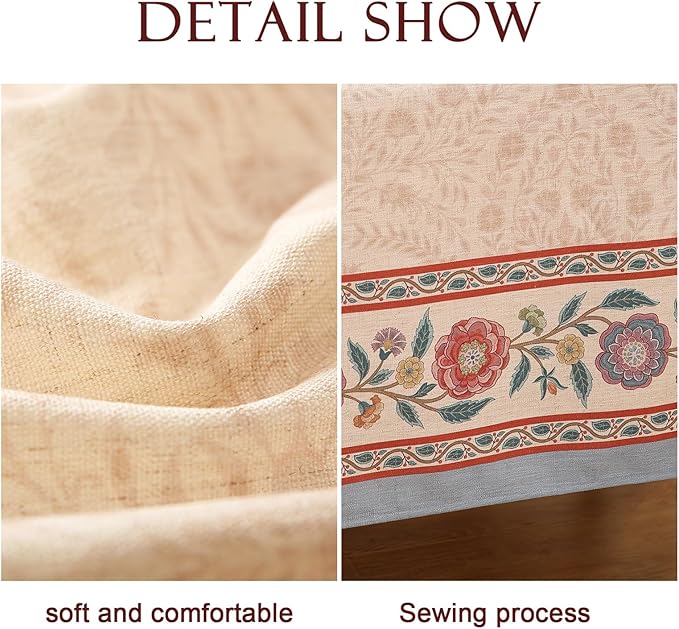 Beige Linen Long Rectangle Tablecloth,Vintage Indian Style Soft and Colorfast Floral Tablecloths,Decor Table Cover for Kitchen,Dining,Thanksgiving,Christmas,63"*94"-Flowershadow E