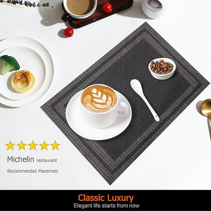 Placemats Set of 12 Washable&Wipeable Place mats for Dining Table Kitchen Indoor Outdoor Table Mats Heat Resistant Non Slip Woven Vinyl Table Placemats (Black，12PCS)