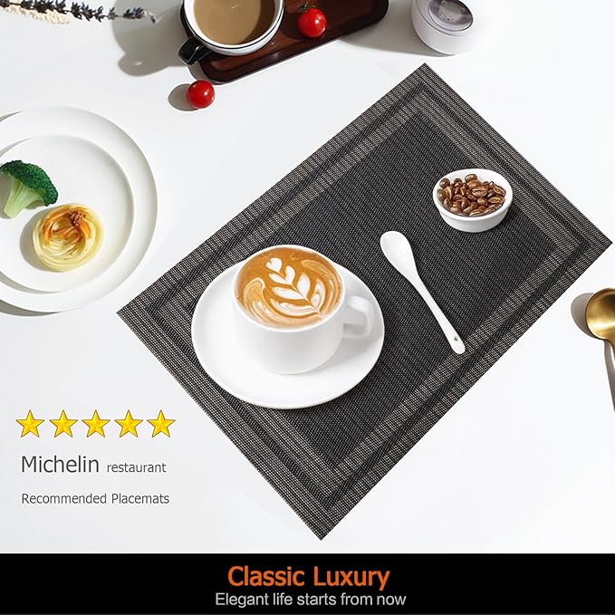 Placemats Set of 6 Washable&Wipeable Place mats for Dining Table Kitchen Indoor Outdoor Table Mats Heat Resistant Non Slip Woven Vinyl Table Placemats (Black，6PCS)
