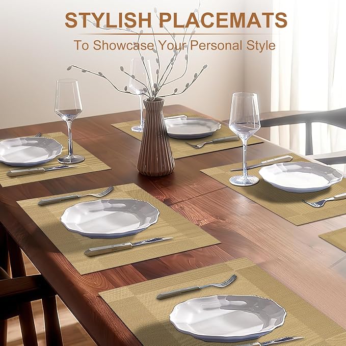 BETEAM Placemats Set of 6, Woven Vinyl Placemat for Dining Table Washable Wipeable Kitchen Place Mats Durable Indoor Outdoor Table Mats