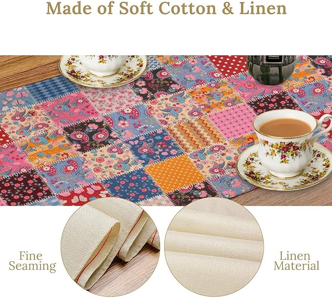 Patchwork Floral Table Runner, Patch Boho Flowers Country Wildflowers Rustic Splicing Design Pattern Table Runner for Farmhouse Kitchen Dining Home Party 13x108in