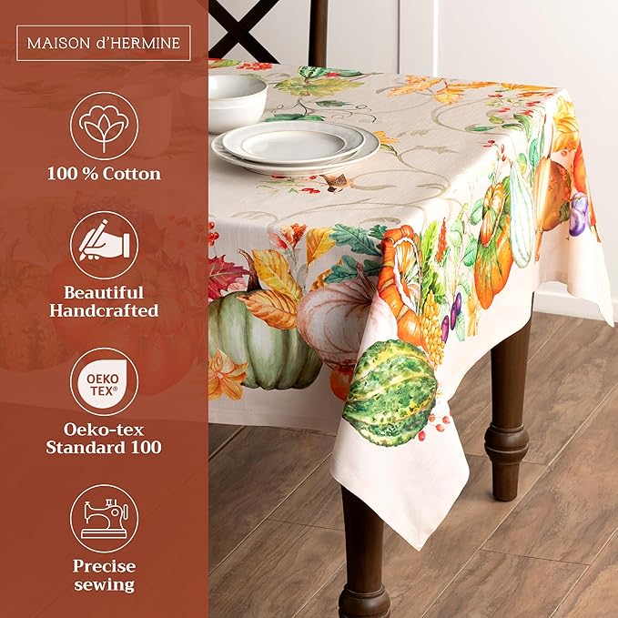 Maison d' Hermine Table Cloth Rectangle Table 100% Cotton 60 x 120 Inches Fall Tablecloth Reusable Everyday Use for Thanksgiving Christmas Decorations Dining Farmhouse Party (Lumina)