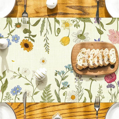 Summer Flower and Leaf Table Runner Seasonal Holiday Anniversary Indoor Outdoor Home Kitchen Table Party Decor (Colorful Flowers 4, 13×72 Inches)