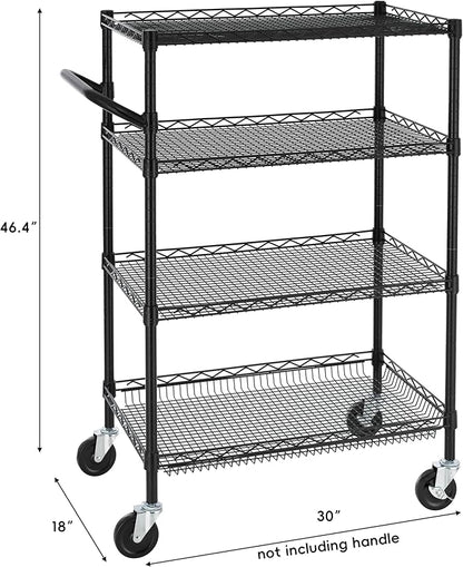 Finnhomy 4 Tier Heavy Duty Commercial Grade Rolling Cart with Handle Bar, Metal Wire Utility Cart with Wheels, Shelf Size 18" D x 30" W, NSF Listed, Black