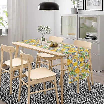 Lemon Tiles Table Runner, Blue Yellow Kitchen Summer Flower Table Runner for Home Kitchen Indoor Outdoor Patio Party 13x120in