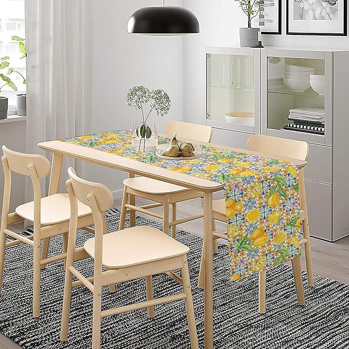 Lemon Tiles Table Runner, Blue Yellow Kitchen Summer Flower Table Runner for Home Kitchen Indoor Outdoor Patio Party 13x90in