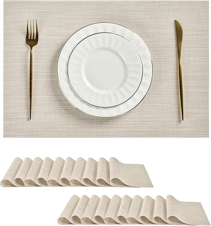 Leetaltree Beige White Placemats Set of 20 - Heat Resistant Non-Slip Place mats for Dining Table, Washable Durable PVC Vinyl Woven Table Mats(Beige White, 20)