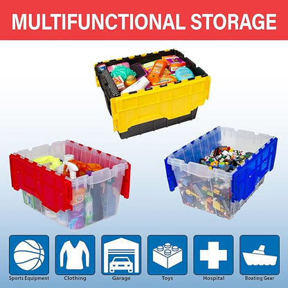Akro-Mils KeepBox 12 Gallon Storage Container, Nesting and Stackable Plastic Storage Box with Lid Attached, Clear Tote for Garages, Closets, Moving, 21-1/2" x 15" x 12-1/2", Clear/Blue, Pallet of 48