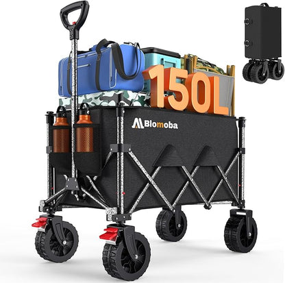 Collapsible Wagon Cart, 150L Heavy Duty Foldable Beach Wagon with Wider Wheels & Auto-Rebound Handle, Utility Grocery Shopping Cart for Garden, Shopping, Camping, Sports, Black