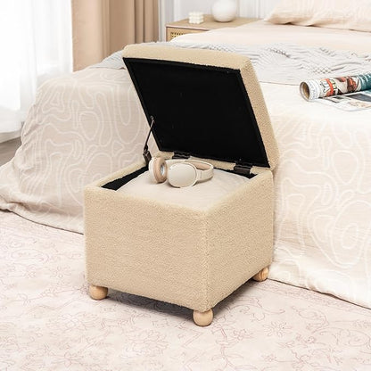Adeco 17 Inch Soft Oatmeal Cube Ottoman Storage, Teddy Velvet Chair Foot Stools, Upholstered Vanity Stool with Hinged Lid, Solid Round Wood Legs
