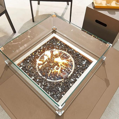 Fire Pit Wind Guard, 17.5 Square Fire Pit Glass Wind Guard Made of Clear Tempered Glass, Set with Assembly Instructions, Screwdriver, Easy to Install