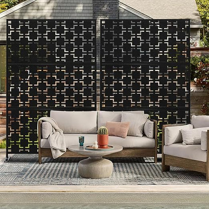 Casaphoria 72" H x 47" W Metal Outdoor Privacy Screen, Freestanding Decorative Divider for Patio, Deck, Balcony, and Garden with Stable Base, Black-Square