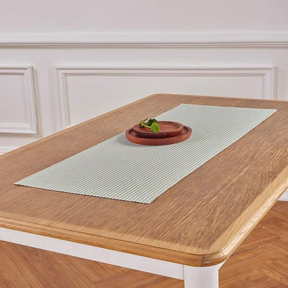 Solino Home Linen Table Runner 48 Inches - Narrow Stripe 100% Pure Linen Avocado and White Farmhouse Table Runner 14 x 48 Inch for Dresser and Coffee Tables - Winter, Spring, St Patricks Day, Easter