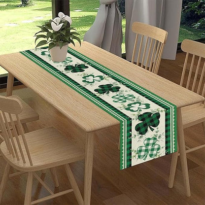 St.Patrick's Day Table Runner,Green Plaid Clover Eucalyptus Leaves Retro Linen Table Center Decor for Home Kitchen Dining Patio Holiday Party Indoor Decorations, 13"x72"