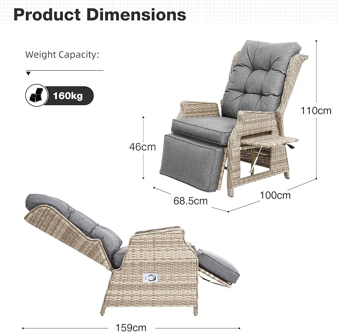 2 Pieces Outdoor Recliner with Adjustable Backrest and Footrest, PE Rattan - Image 2