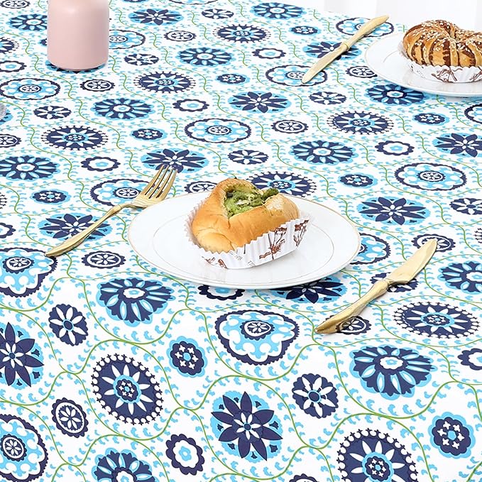 misaya Rectangle Waterproof Vinyl Table Cloth, Wipeable Tablecloth with Flannel Backing, Plastic Table Cover for Dinner, Picnic, Indoor and Outdoor (Navy Mandala, 60" x 84")