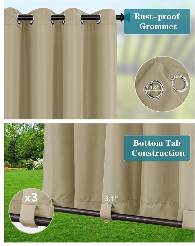 Windproof Outdoor Curtains for Patio Waterproof 4 Pcs 54x84 In Taupe | Grommet - Image 2