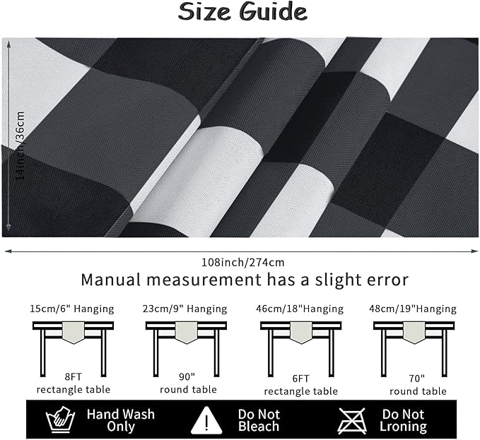 Fabric Checkered Table Runner 1 Pack Waterproof Gingham Table Runner 14W x 108L Buffalo Check Table Runners for Parties Kitchen Dining Wedding Banquet (Black and White)