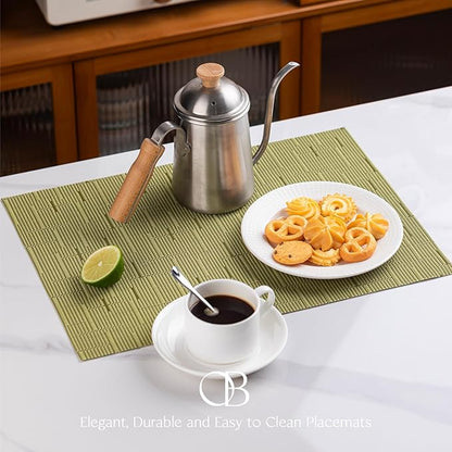 Placemats Set of 12 - Easy Clean Woven Vinyl Placemats for Dining Table, Indoor/Outdoor Place Mats, Washable PVC Table Mats （Pea Green）