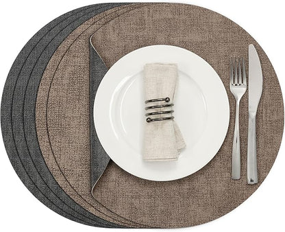 Myir JUN Round Placemats, Dual Sided Faux Leather Place Mats Set of 6 Indoor/Outdoor Non-Slip Washable Table Mats (Gray Brown, Set of 6)