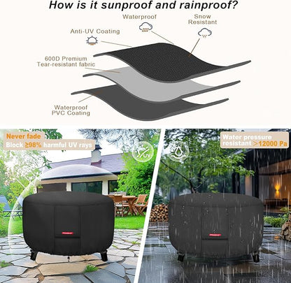 Porch Shield Fire Pit Cover - Waterproof 600D Heavy Duty Fade Resistant Round Patio Fire Bowl Cover Black - 44 inch
