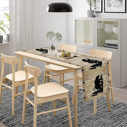 Bear Table Runner, Wild Animals Rustic Cabin Forest Bear Print Wooden Board Table Runner for Dining Kitchen Home 13x70in