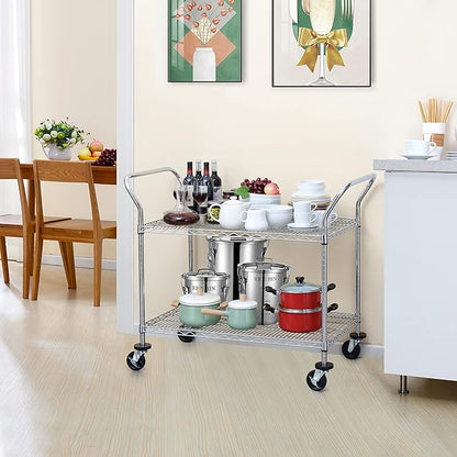 Finnhomy 2-Tier Commercial Grade Rolling Cart, Heavy Duty Utility Cart, Carts with Wheels and Handles, Kitchen Carts on Wheels, Metal Cart with 600 lbs Capacity, Shelf Size 24" D x 40" W, NSF