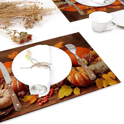 Orange Pumpkins Linen Placemats Set of 6,12x18 Inch Fall Thanksgiving Washable Table Mats Heat Resistant Place Mats for Home Party Kitchen Dining Decoration
