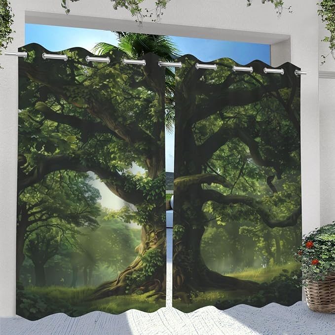 Nature Theme Waterproof Outdoor Curtains for Patio,Forest Pattern,Weatherproof Outside Curtain for Cabana, Porch, Pergola and Gazebo,2 Panels,36 x 84 inch,Green