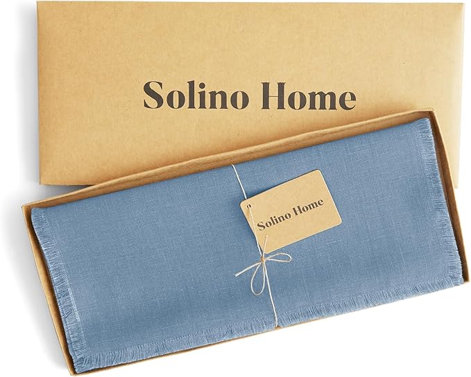 Solino Home Linen Dusty Chambray Blue Table Runner 90 Inches Long - Fringe, 100% Pure Linen Dining Table Runner 14 x 90 Inch for Winter, Spring, Easter