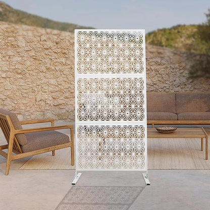 75" H×35" W Decorative Outdoor Privacy Screen with Stand, Outdoor Decor Privacy Fence Screen Metal Fence Panels, Free Standing Metal Divider for Patio Lawn Deck (White-Small Snowflake)