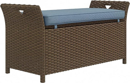 Outsunny 29 Gallon Patio Wicker Storage Bench Outdoor PE Rattan Dark Blue | by Outsunny