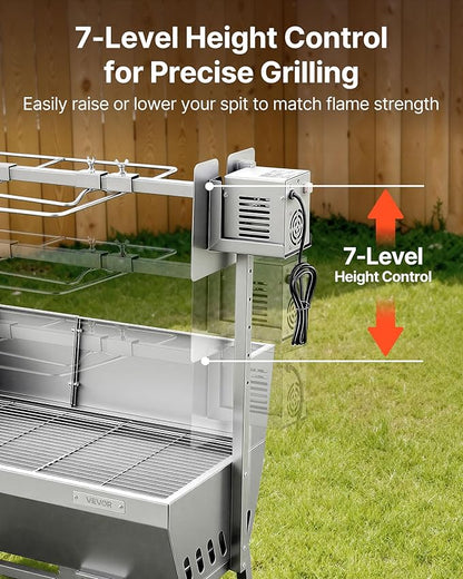 VEVOR Rotisserie Grill, 46in BBQ Outdoor Pig & Lamb Spit Roaster, Charcoal Spit Roaster with 132 LBS Capacity, Wheels, 4-Level Height, Stainless Steel Electric Rotisserie Grill Kit for Camping Outdoor